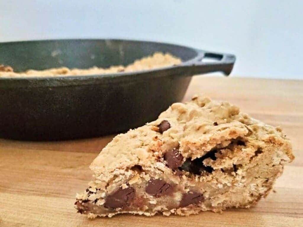 Image shows delicious skillet cookie.
