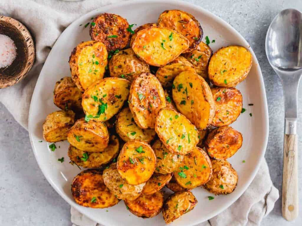 Image shows easy to make air fryer baby potatoes.
