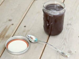 Image shows easy to make espresso hot fudge sauce.
