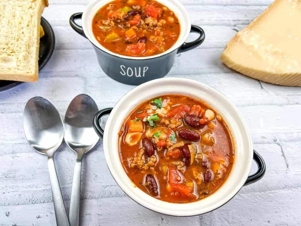 Image shows irresisitble pasta e fagioli soup.