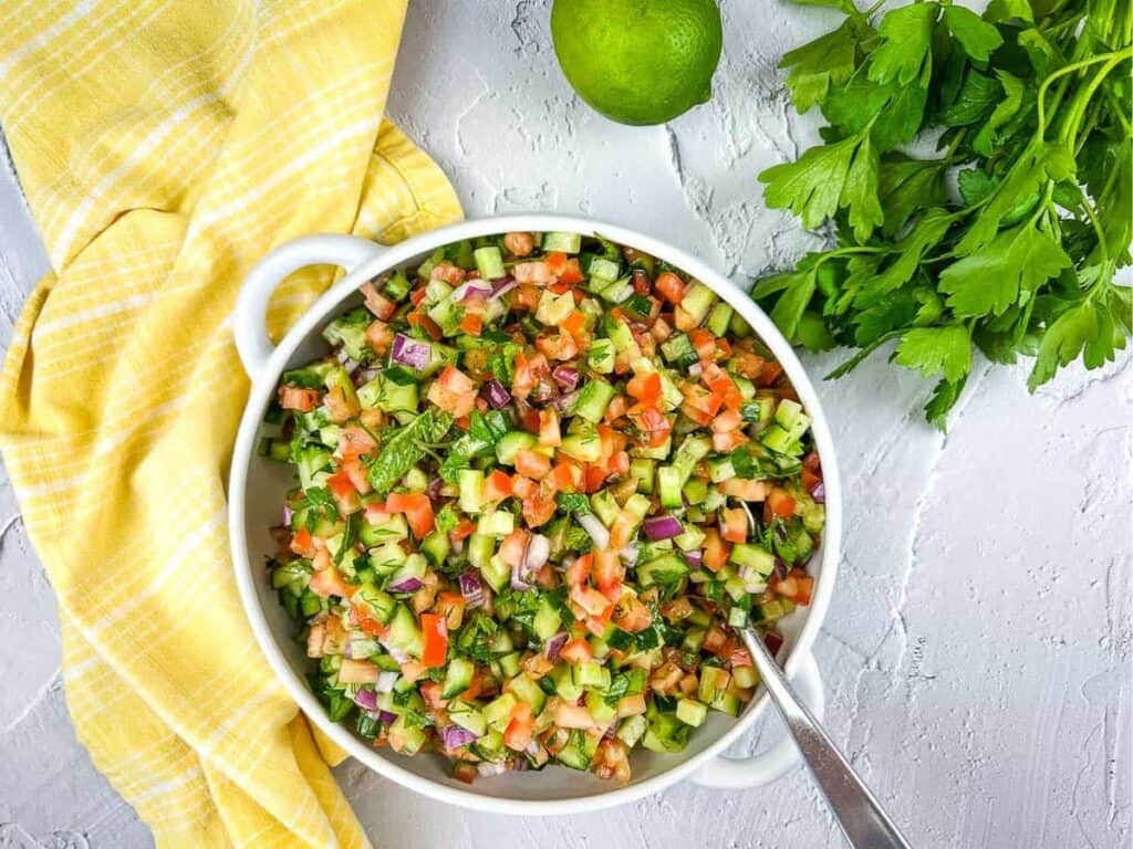 Image shows shirazi salad recipe.