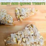 Image shows Apple scones on board with text delicious apple scones, easy quick and tasty.