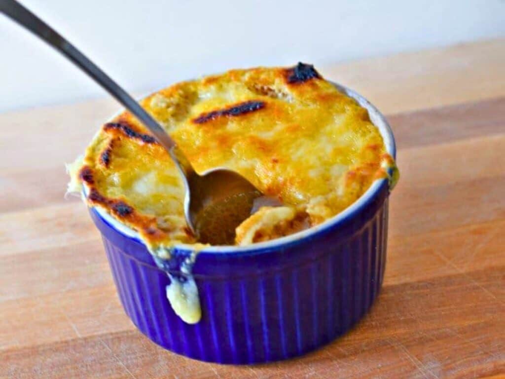 Image shows delicious and easy homemade French onion soup.
