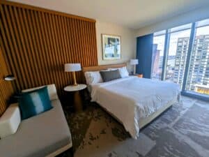Image shows a hotel room at the Omni Boston Hotel at the Seaport.