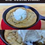 Image shows two photos showing individual chocolate chip cookie skillets.