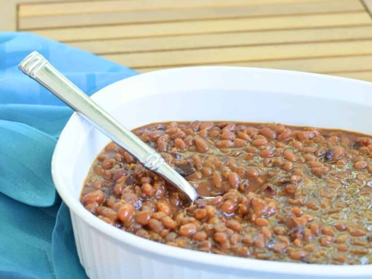 Image shows yummy homemade smoky baked beans.