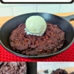 Image shows collage of three photos showing a brownie skillet cookie from different angles.