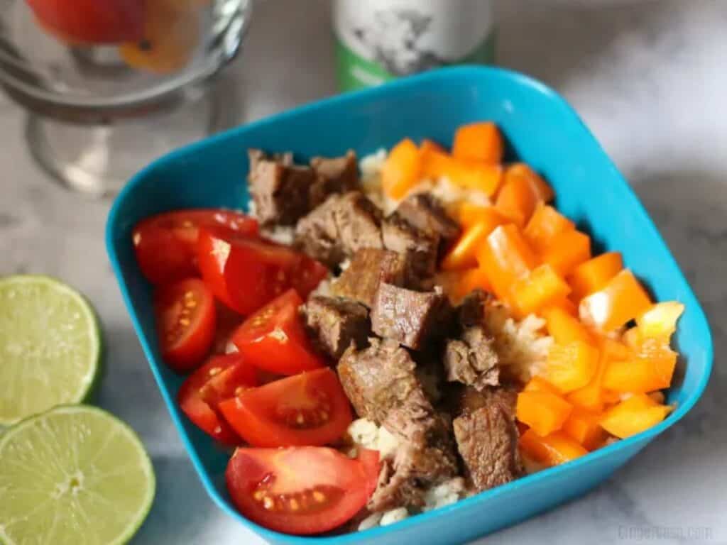 Image shows delicious steak burrito bowls.