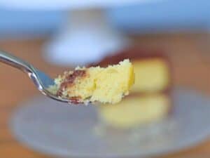 Image shows bite of easy to make yellow cake.