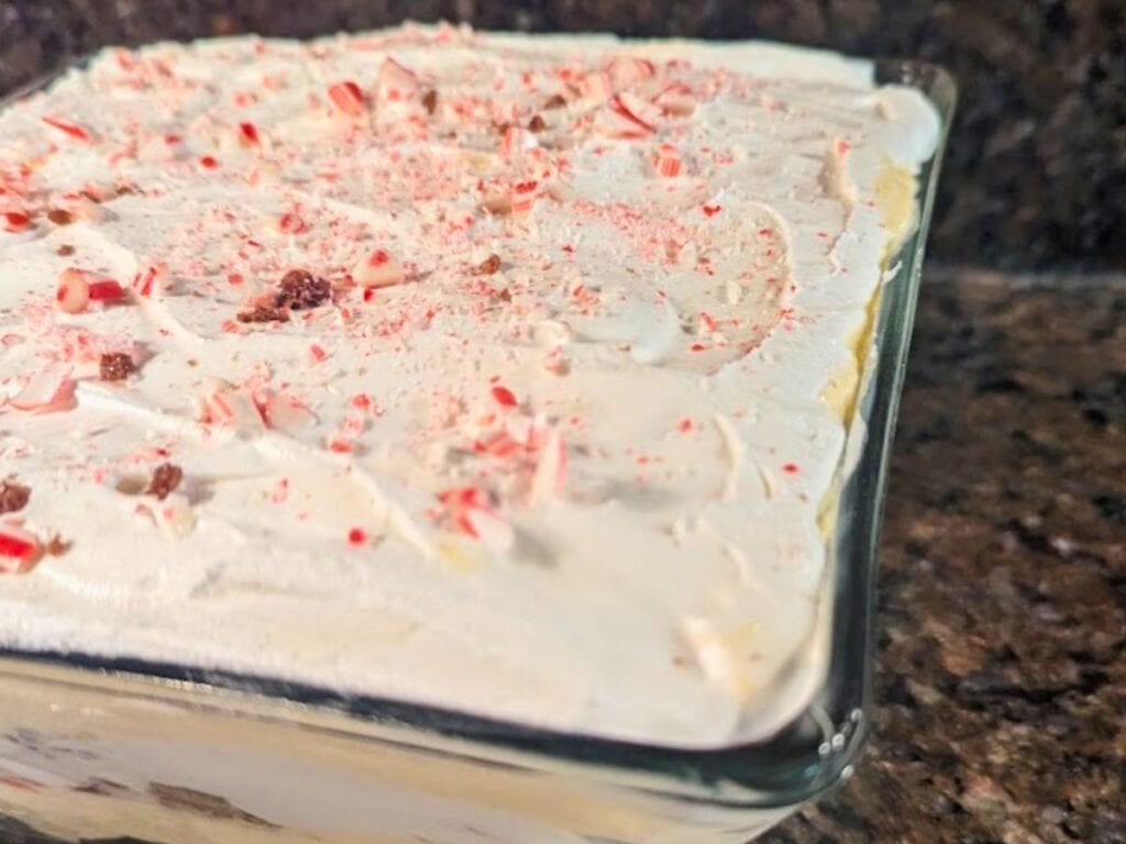 Image shows close-up view of a layered brownie trifle with whipped topping in a glass bowl.
