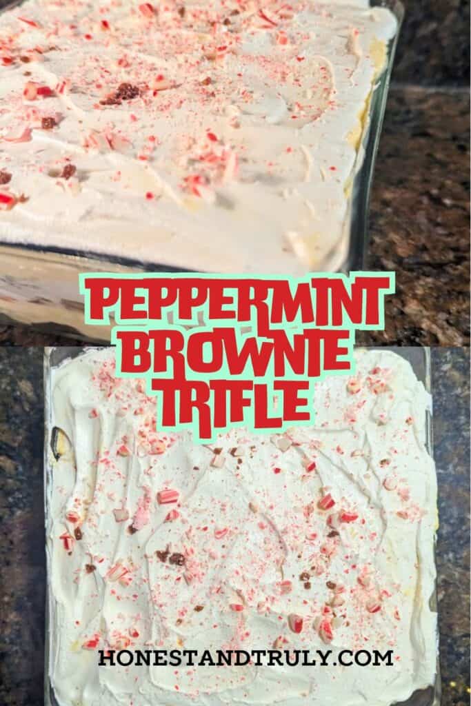 Image shows collage of two images showing a layered brownie trifle in a glass bowl.