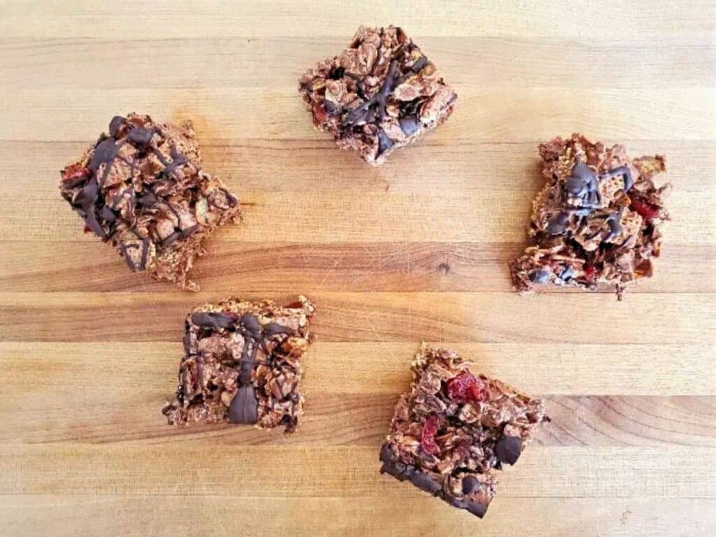 Image shows irresistible double chocolate cherry cereal bars.