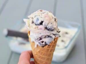 Image shows irresistible no-churn cherry chocolate chip ice cream.