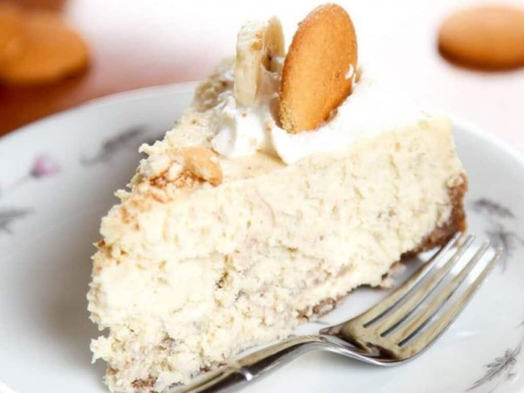 Image shows banana pudding chesecake.