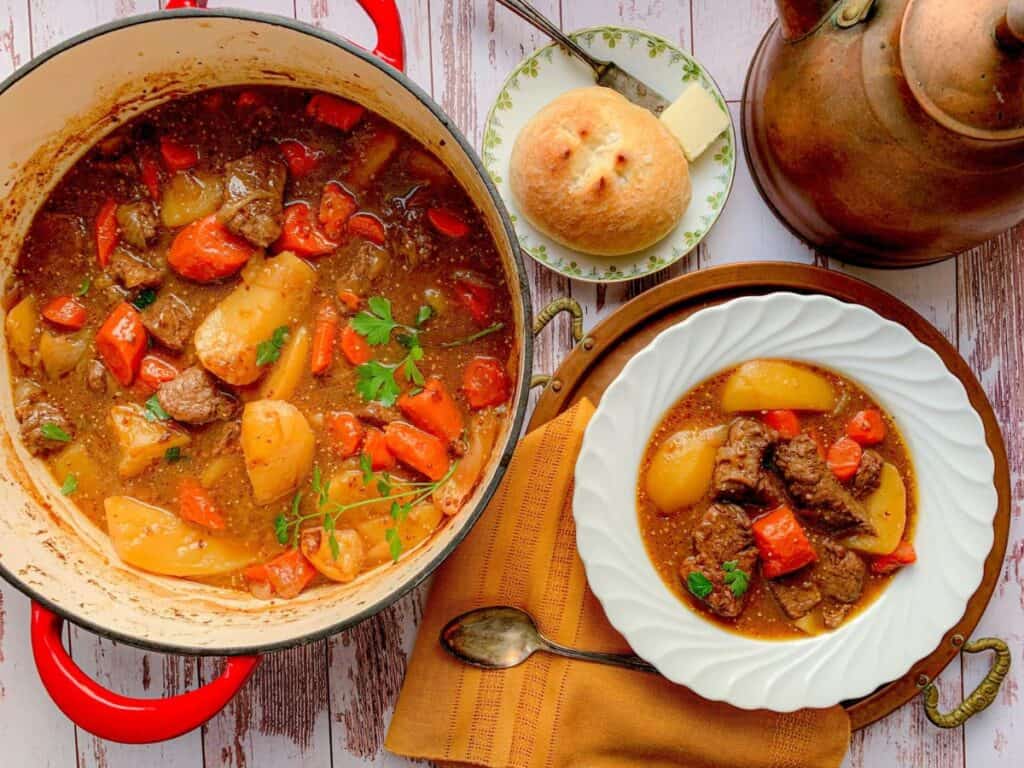 Image shows farm to table thick beef stew.