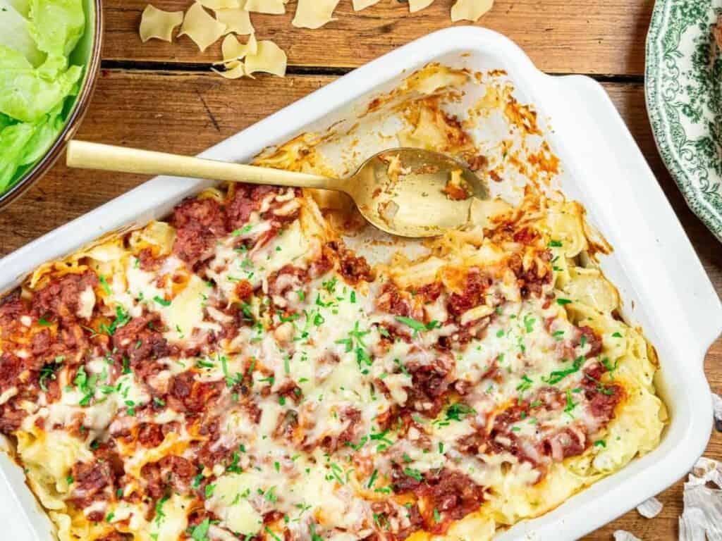 Image shows simple sour cream noodle bake.