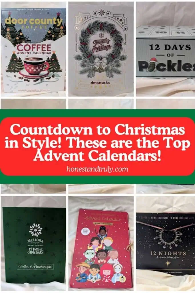 A collage of unique Advent calendars—featuring coffee, snacks, pickles, tea, vodka, mini books, and wine—surrounds a central banner highlighting the top Advent calendars for Christmas.
