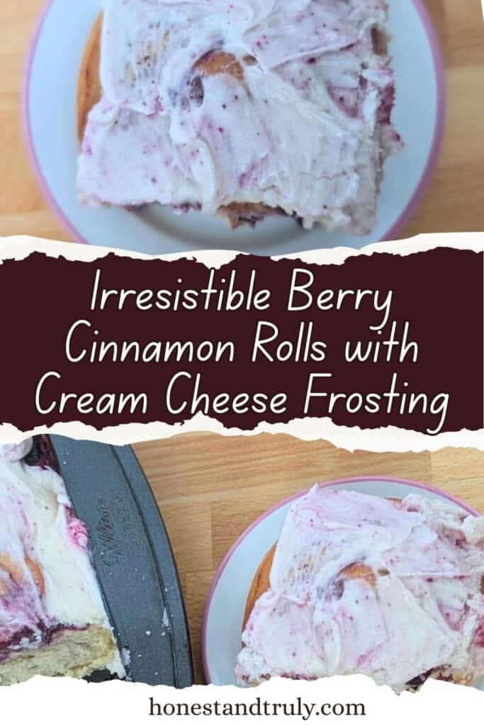 A cinnamon roll with berry cream cheese frosting on a plate, next to a pan of frosted cinnamon rolls on a wooden surface. Text overlay reads: "Irresistible Berry Cinnamon Rolls with Cream Cheese Frosting.
