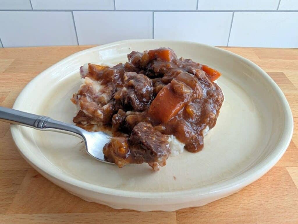 A plate of beef stew with carrots and gravy served over mashed potatoes, with a fork resting on the side of the dish.