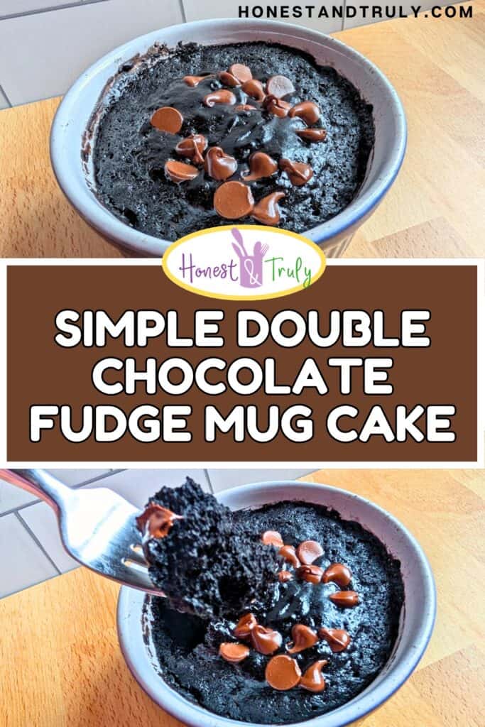 A chocolate mug cake topped with chocolate chips sits on a wooden surface, shown whole and with a portion scooped out on a spoon. Text reads: "Simple Double Chocolate Fudge Mug Cake.