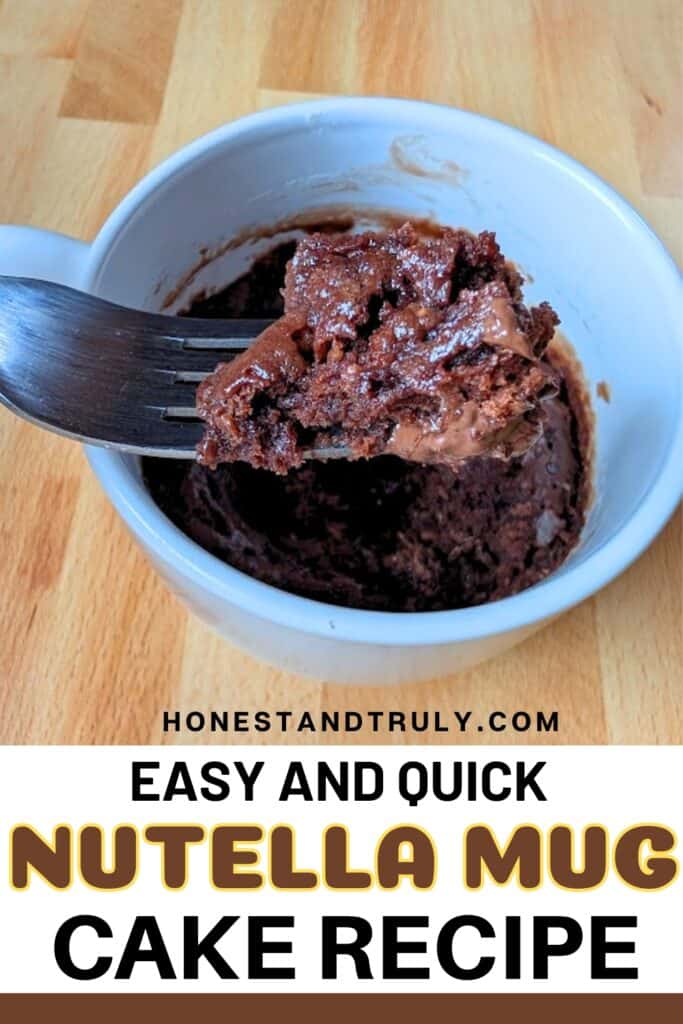 A fork holds a bite of chocolatey Nutella mug cake inside a white mug, with text below reading "Easy and Quick Nutella Mug Cake Recipe.