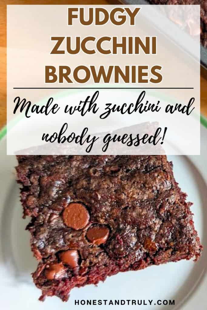 A chocolate brownie with chocolate chips sits on a plate under a text overlay that reads, &ldquo;Fudgy Zucchini Brownies. Made with zucchini and nobody guessed!&rdquo;.