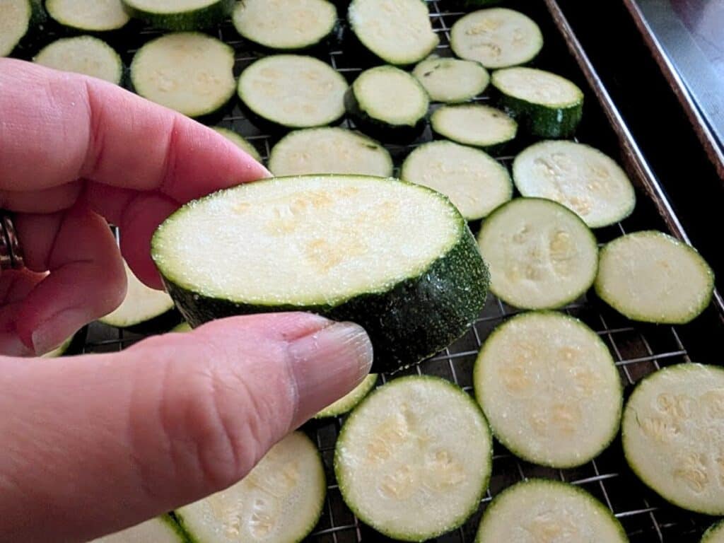 A hand holds a slice of raw zucchini above a tray filled with more sliced zucchini pieces arranged on a wire rack.