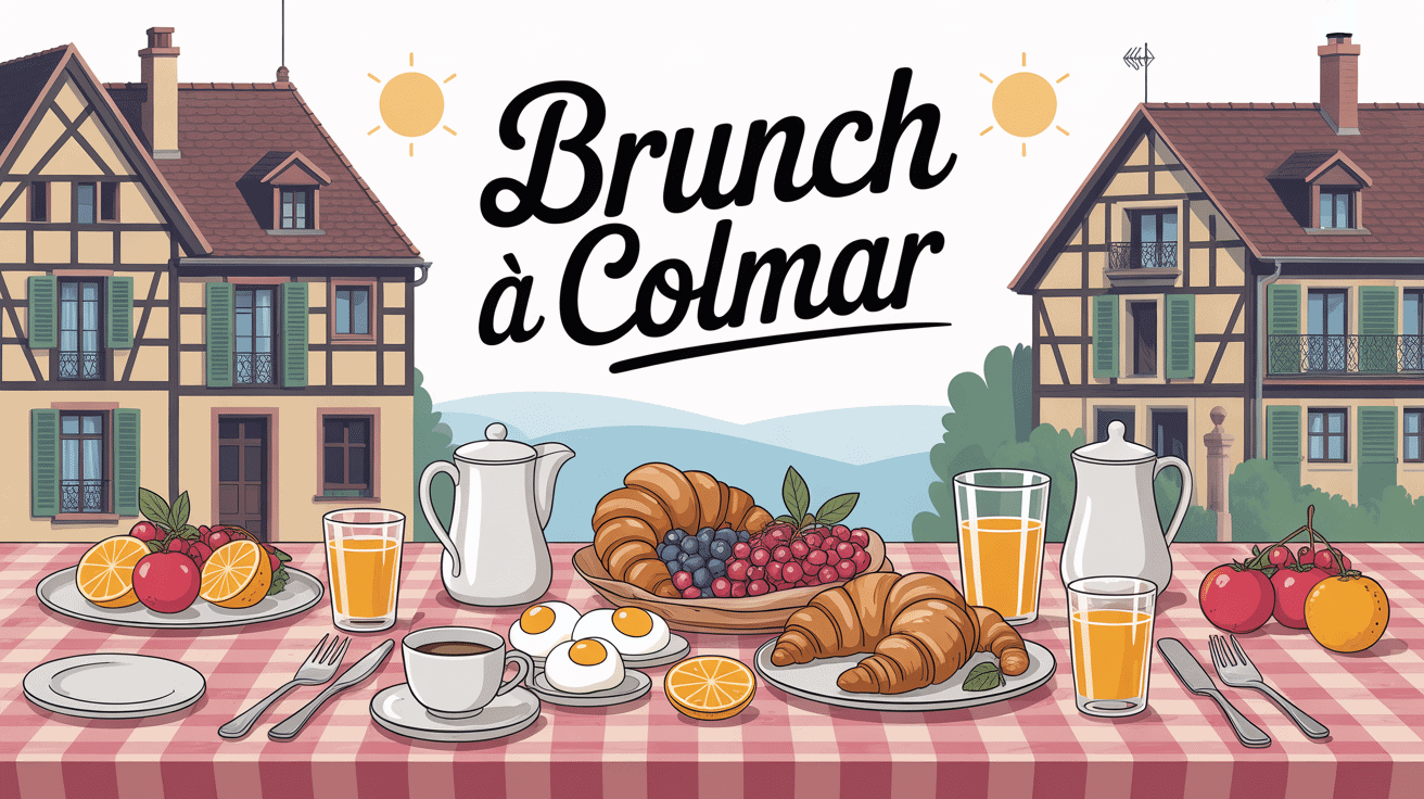 Table brunch Colmar avec croissants et maisons alsaciennes