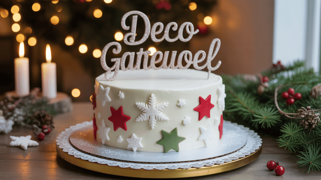 Deco gateau Noel avec glacage blanc etoiles rouges et vertes flocons houx
