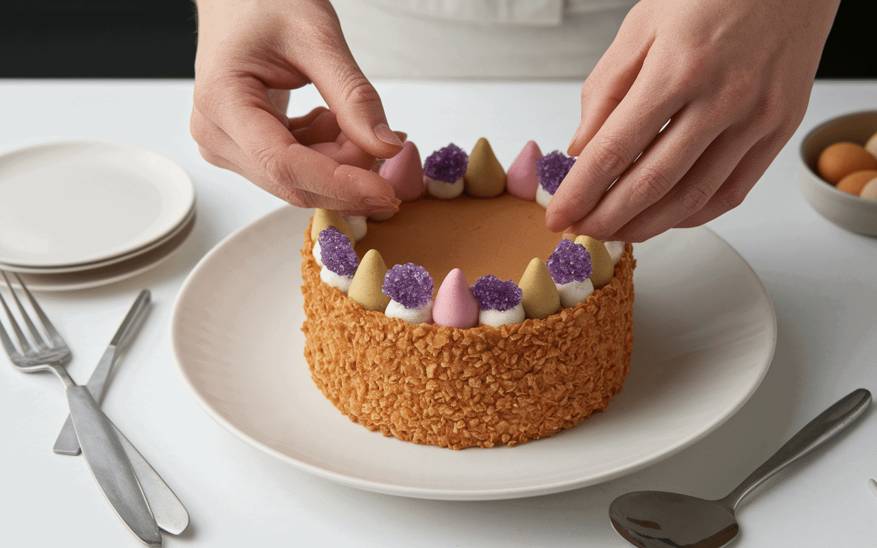 décoration entremet paques œufs sucre main