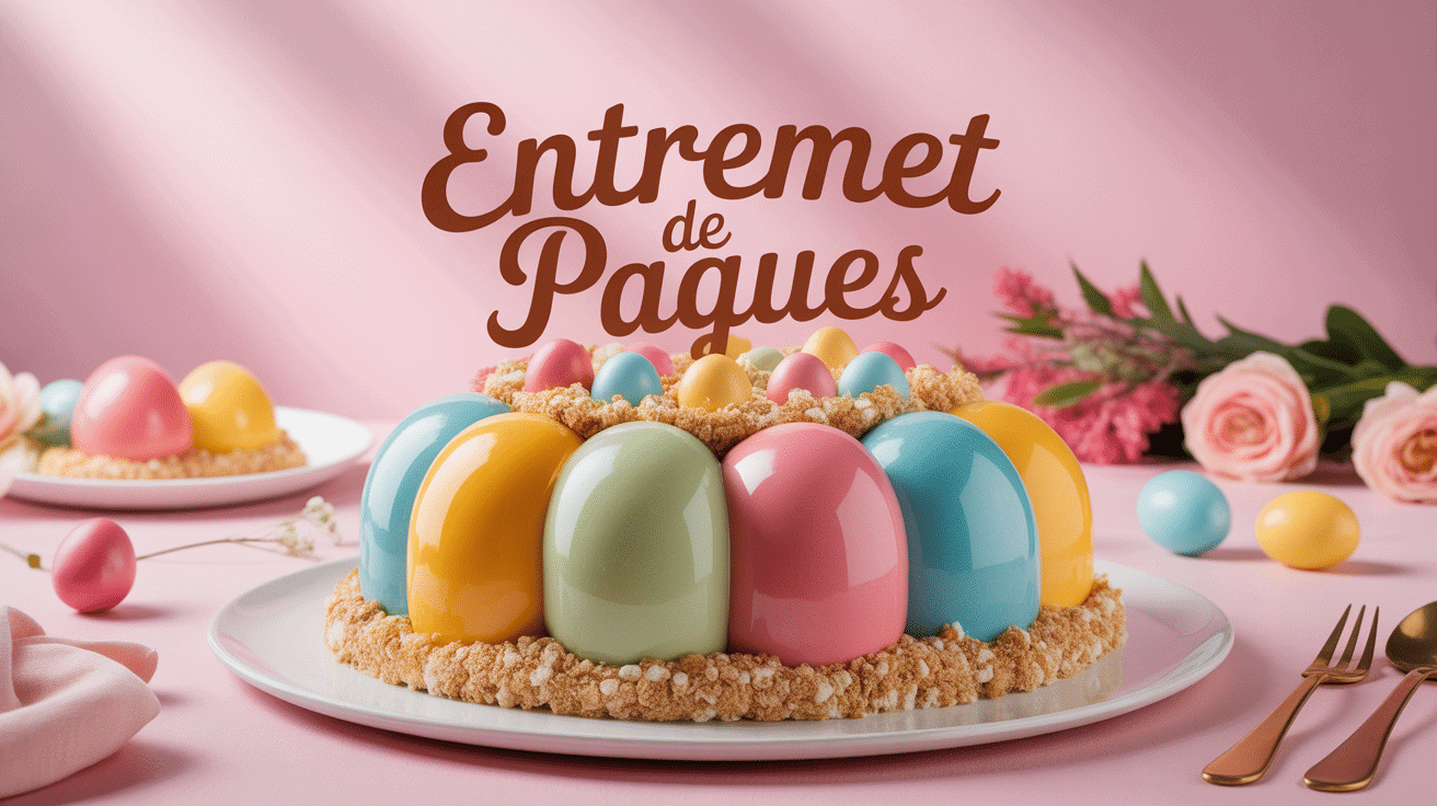 entremet paques élégant glaçage miroir décor œufs fleurs
