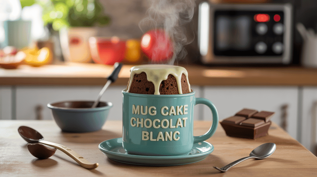 Mug cake chocolat blanc fondant et vapeur en cuisine