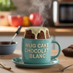 Mug cake chocolat blanc fondant et vapeur en cuisine