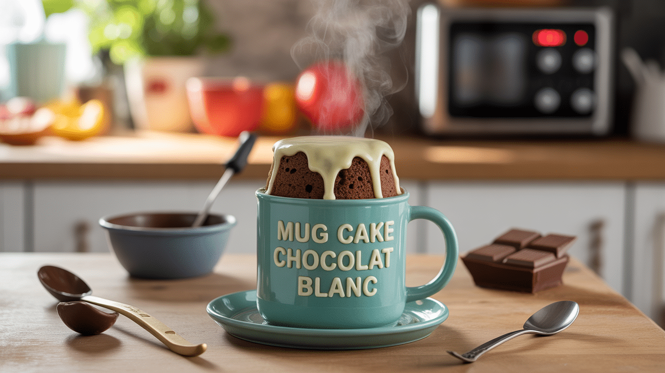 Mug cake chocolat blanc fondant et vapeur en cuisine