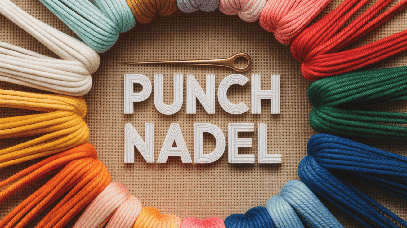 Punch nadel moderne sur tissu jute avec fils colorés