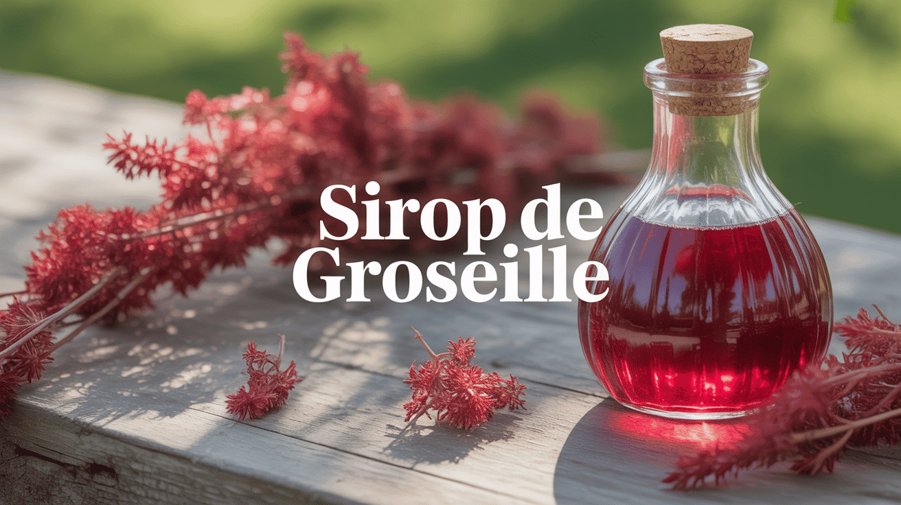Bouteille de sirop de groseille entourée de groseilles fraîches