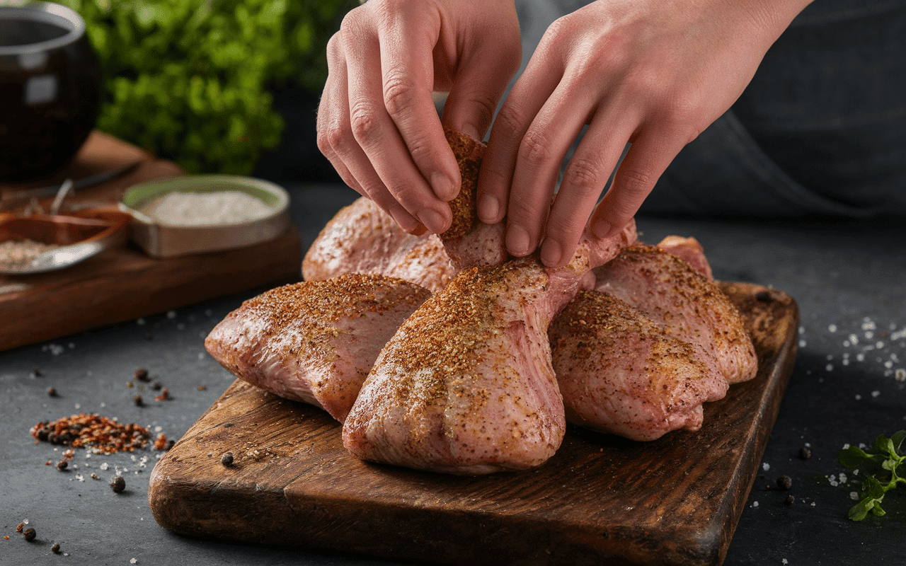 Massage assaisonnement poulet cru épices