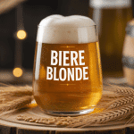 Verre de bière blonde dorée avec houblon sur table