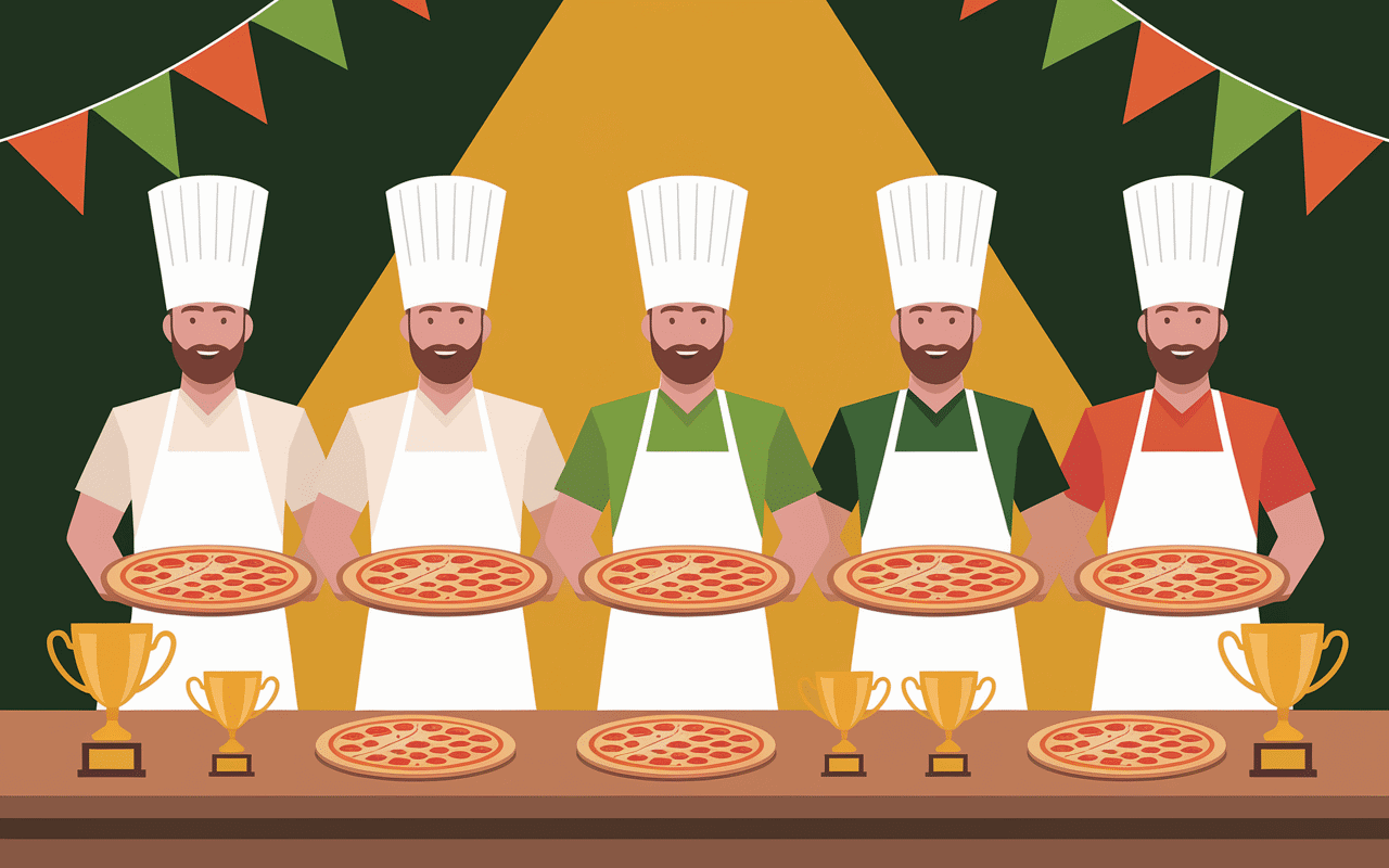 Scène concours pizza campione avec jury et trophées