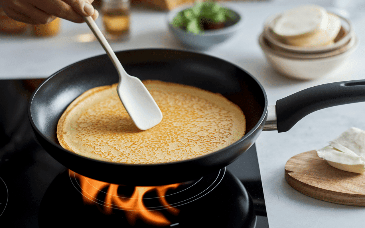 Cuisson crepe fromage blanc sur crêpière avec spatule