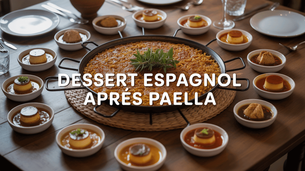 Table avec dessert espagnol après une paella, ambiance méditerranéenne