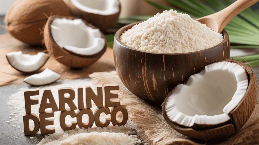 Bol de farine de coco et noix coupée
