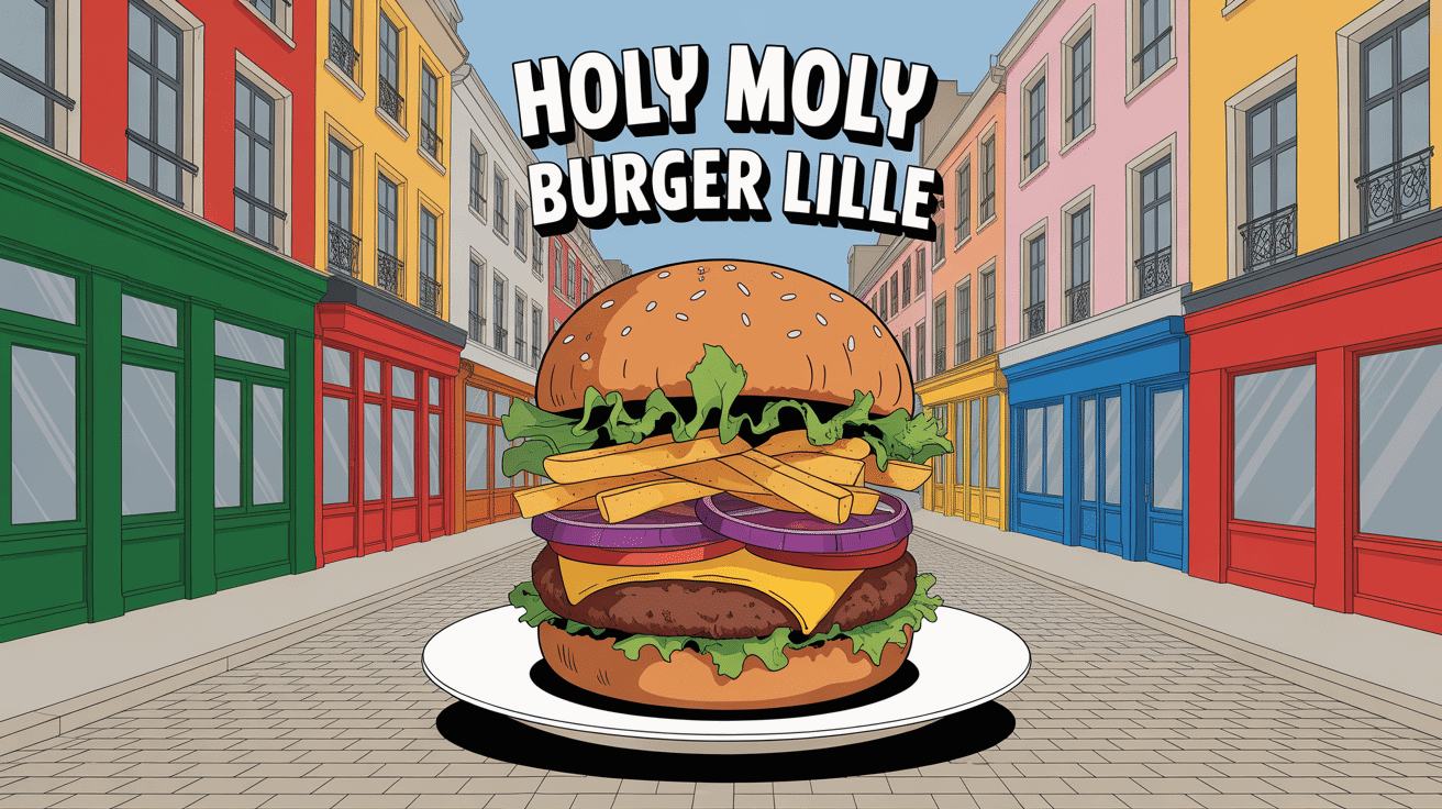 Burger gourmet Holy Moly Burger Lille sur rue pavée colorée