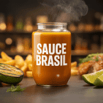 Bouteille de sauce brasil avec frites, poulet et légumes grillés