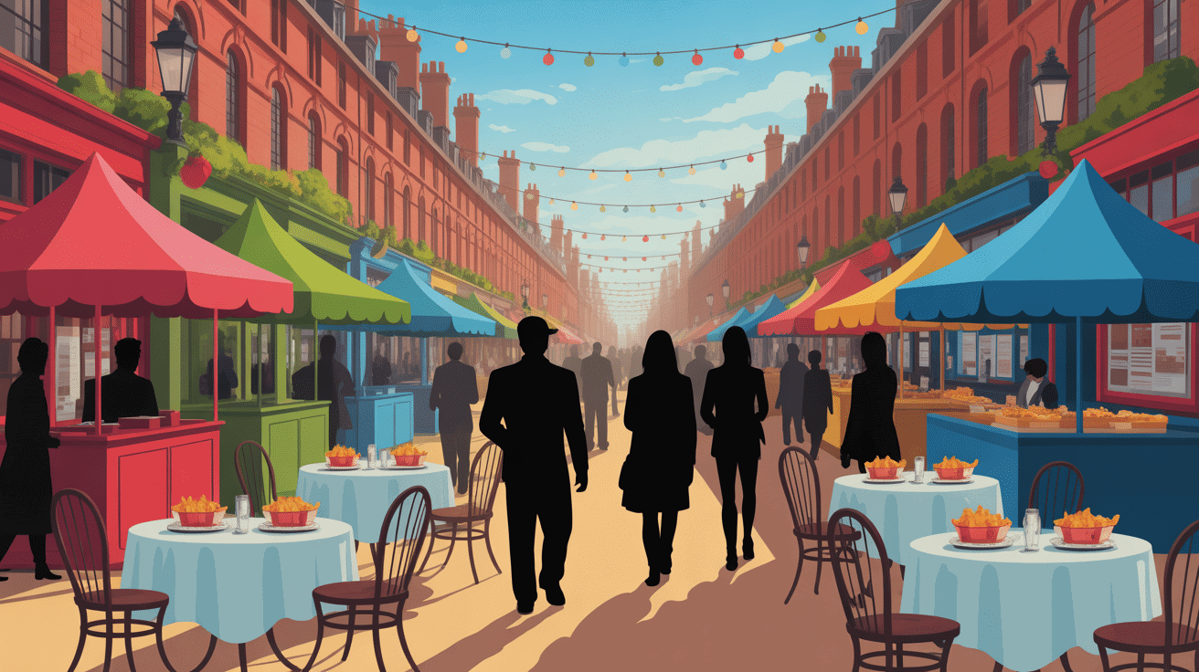 Marché animé fish and chips Spitalfields extérieur