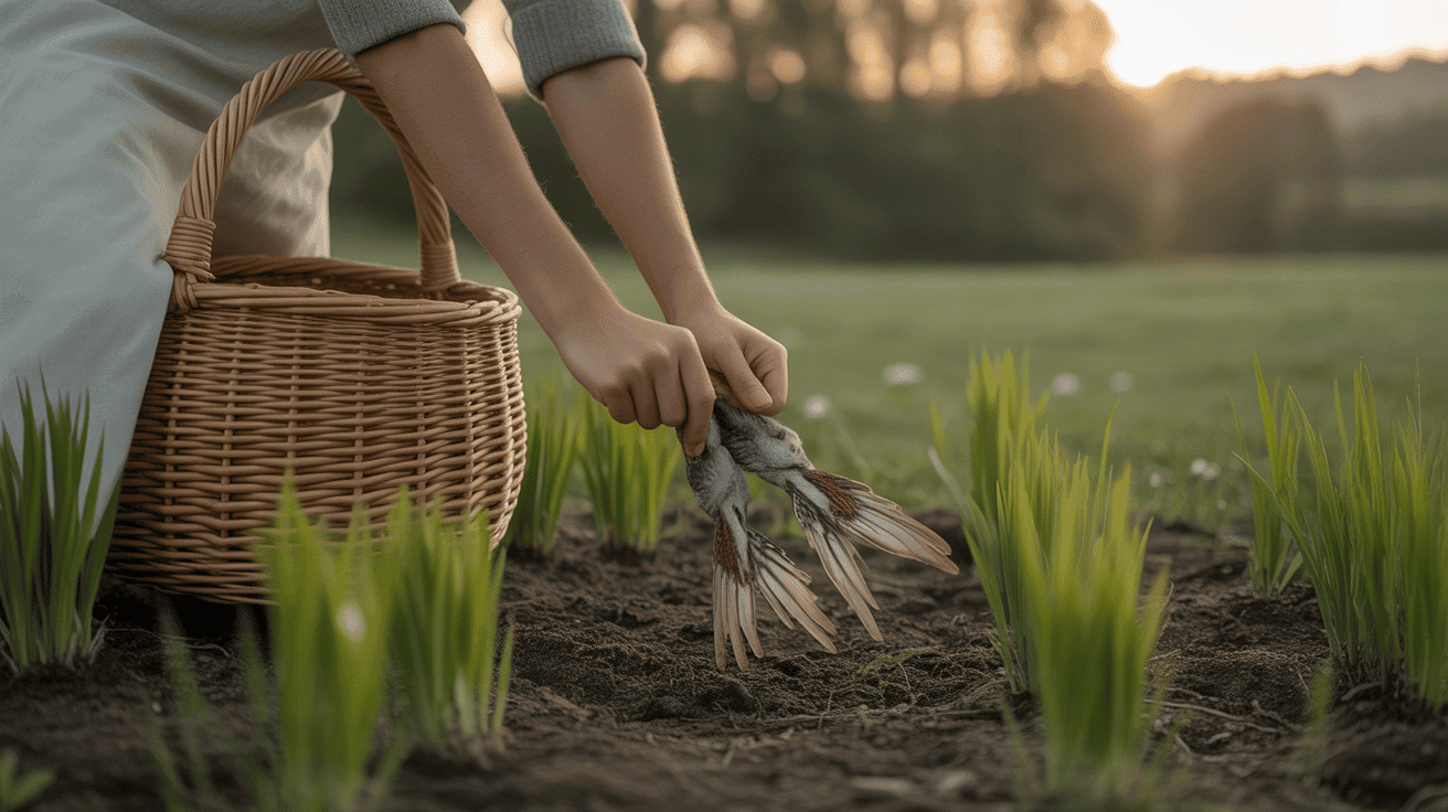 cueillette respounchous mains panier osier rosée