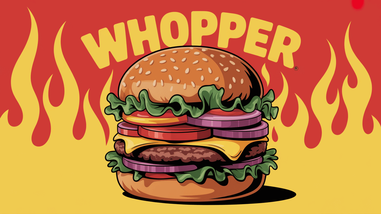 whopper géant sur fond rouge jaune avec flammes