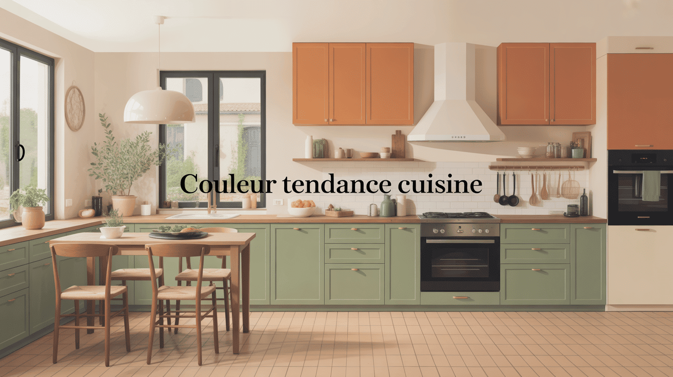 Illustration couleur tendance pour cuisine, verts, beiges, terracotta, bois