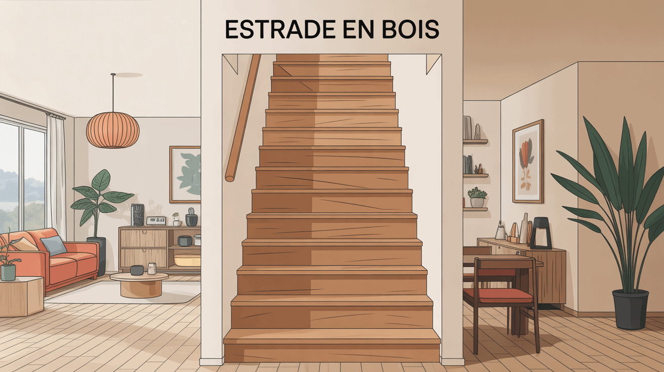 estrade en bois centrale dans intérieur moderne lumineux