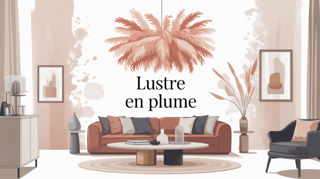 lustre en plume élégant dans salon moderne ambiance cosy